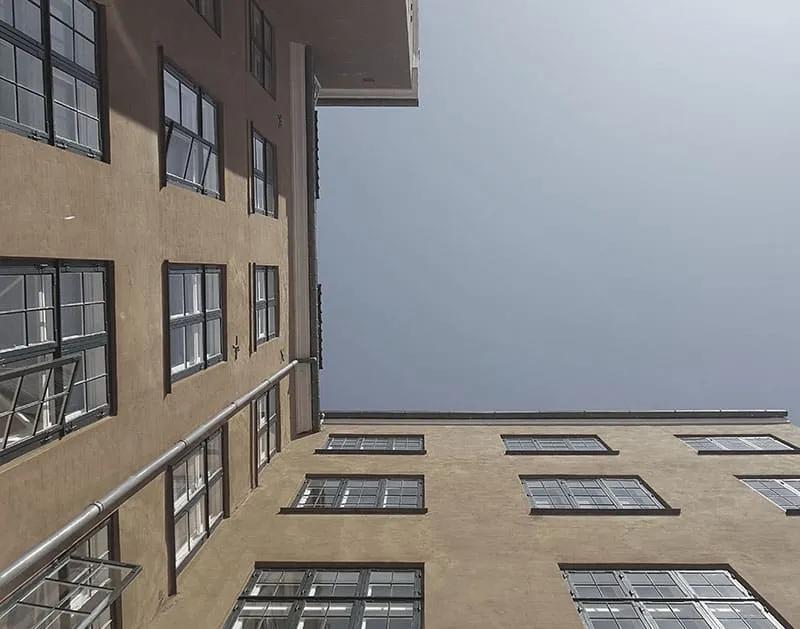 Looking up at the windows of a Copenhagen office building